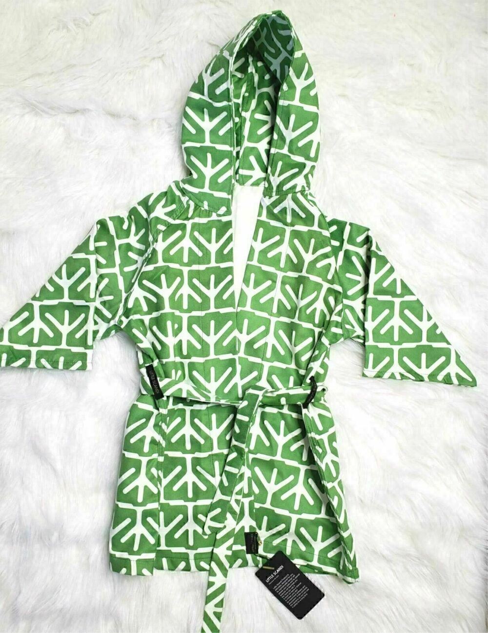Little Scandi Kids Hooded Beach Robe Bathrobe Small Green White Wrap Style NWT